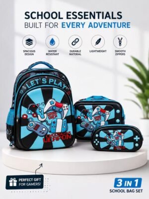 3PCS Gaming Backpack Set for Boys – School Bag, Lunch Bag & Pencil Case